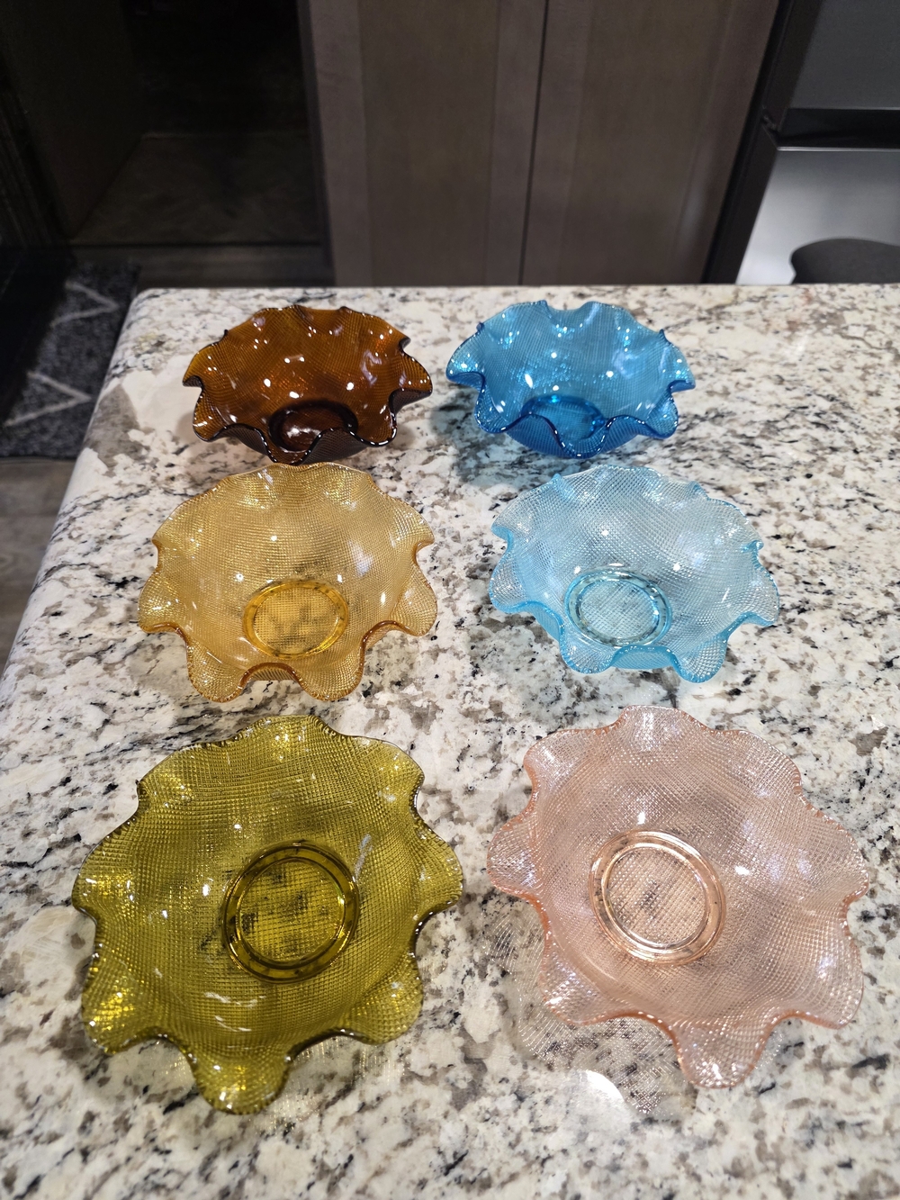 Vintage Fenton 6 piece Carnival Glass Bowls, Waffle Pattern